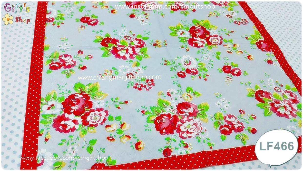กระดาษแนปกิ้นยุโรป, ลายดอกกุหลาบ, ลายดอกไม้สีแดง, ลายดอกไม้สีฟ้า, พื้นหลังสีฟ้าอมเทาเข้ม, ขอบลายจุดขาวพื้นแดง, ลายของ Cath kidston
