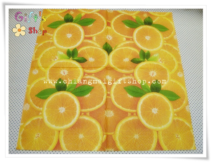 กระดาษแนปกิ้นยุโรป, ลายส้ม, ลายส้มผ่าซีก, ลายส้มใบสีเขียว, พื้นหลังสีส้ม