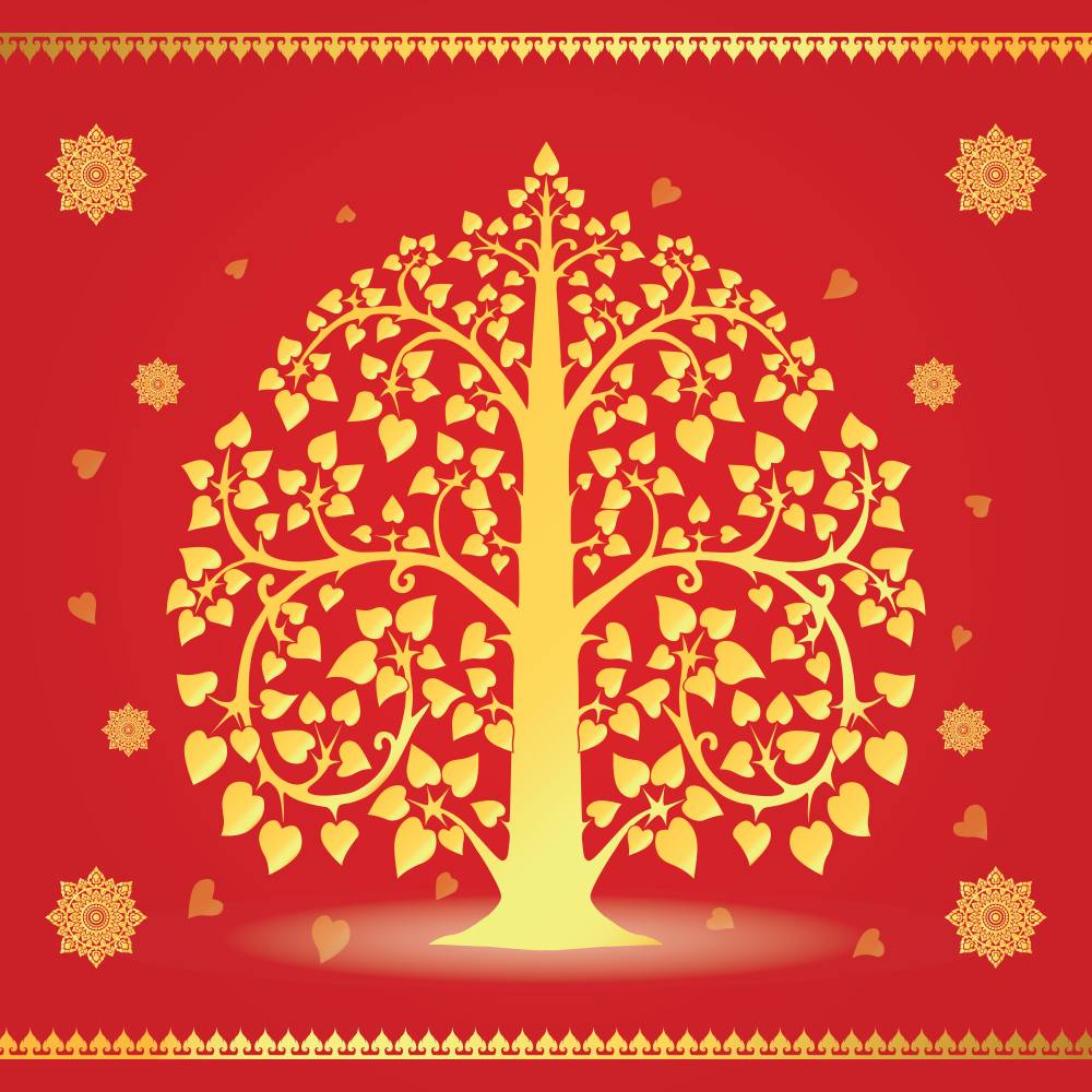 วอลเปเปอร์ติดผนังภาพต้นโพธิ์ทอง สีแดง/น้ำเงิน/ดำ/น้ำตาล/เขียว/ทอง/ขาว CS-2022-BDT-005