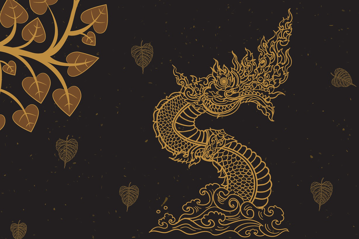 วอลเปเปอร์ภาพพิมพ์ ต้นโพธิ์-เทวดา-พญานาค ดีไซน์ใหม่ล่าสุด สีดำ CV-BDT2025-005BK