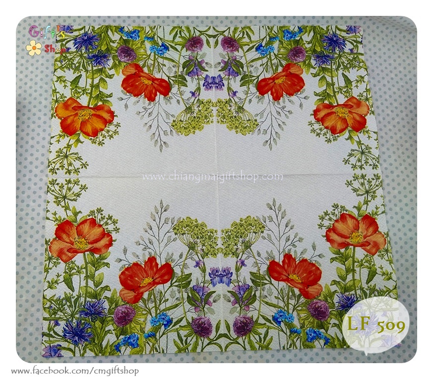 กระดาษแนปกิ้น ลายMeadow in June ลายดอกไม้สีแดง ลายดอกไม้สีฟ้า ลายดอกไม้สีม่วง ลายดอกไม้หลายสี ใบไม้สีเขียว ลายทุ่งดอกไม้ พื้นหลังสีอ่อน