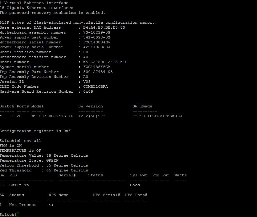 Cisco 3750G 24 port gigabit layer 3 สวิทมือสองพร้อมใช้งาน