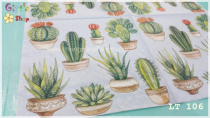 กระดาษแนปกิ้น ลาย cactus blue กระบองเพชรในกระถาง พื้นหลังสีฟ้าอ่อน