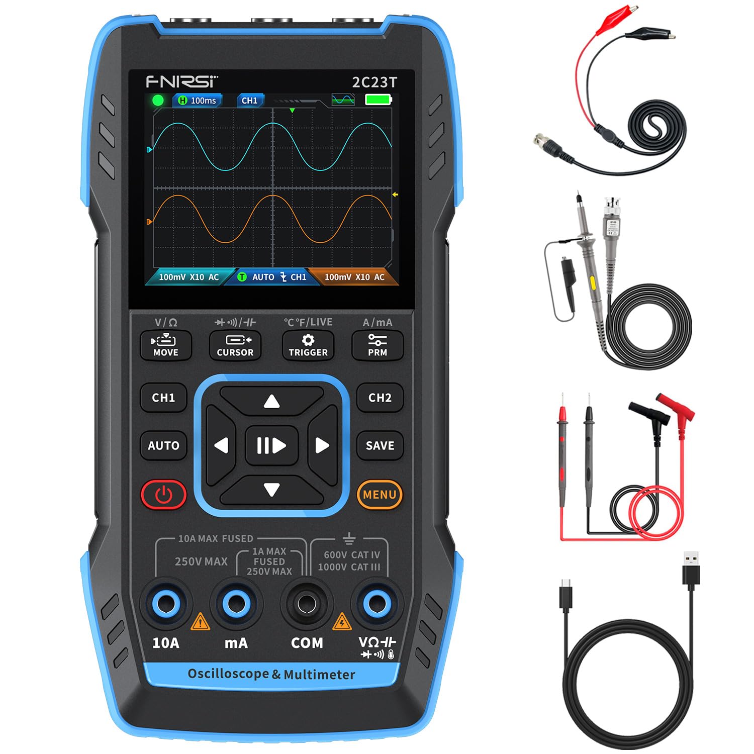 FNIRSI 2C23T Handheld Dual Channel 3-in-1 Oscilloscope + Digital Multimeter + DDS Generator