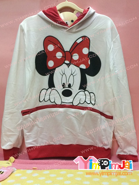 เสื้อฮู้ด เสื้อรุ่น สีขาว หูแดง สกรีนตามสั่ง MINNIE MOUSE