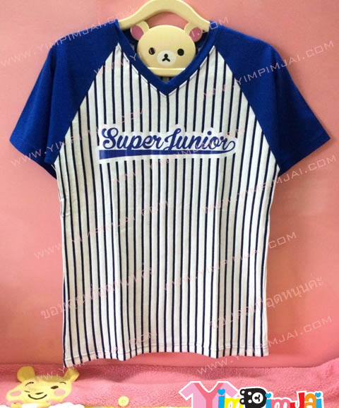 เสื้อยืด สีขาวริ้วน้ำเงิน แขนสั้นน้ำเงิน สกรีนตามสั่ง Super Junior