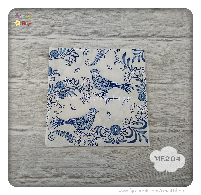 กระดาษแนปกิ้นยุโรป, ลายPorcelain bird, ลายนกลายคราม, ลายนก, ลายคราม, ลายนกเกาะกิ่งไม้สีน้ำเงินขาว, พื้นหลังสีขาว, ลายโทนสีน้ำเงินขาว