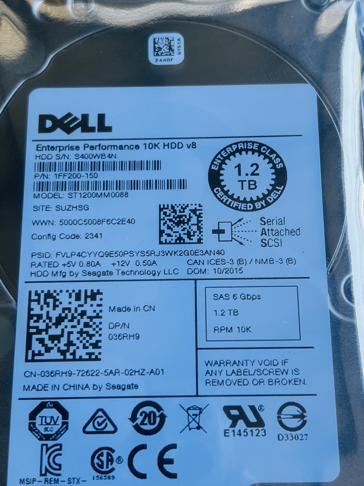 hdd dell sas 1.2TB 10k 036RH9 ฮาร์ดดิสเซิร์ฟเวอร์เดลมือสองพร้อมใช้งาน