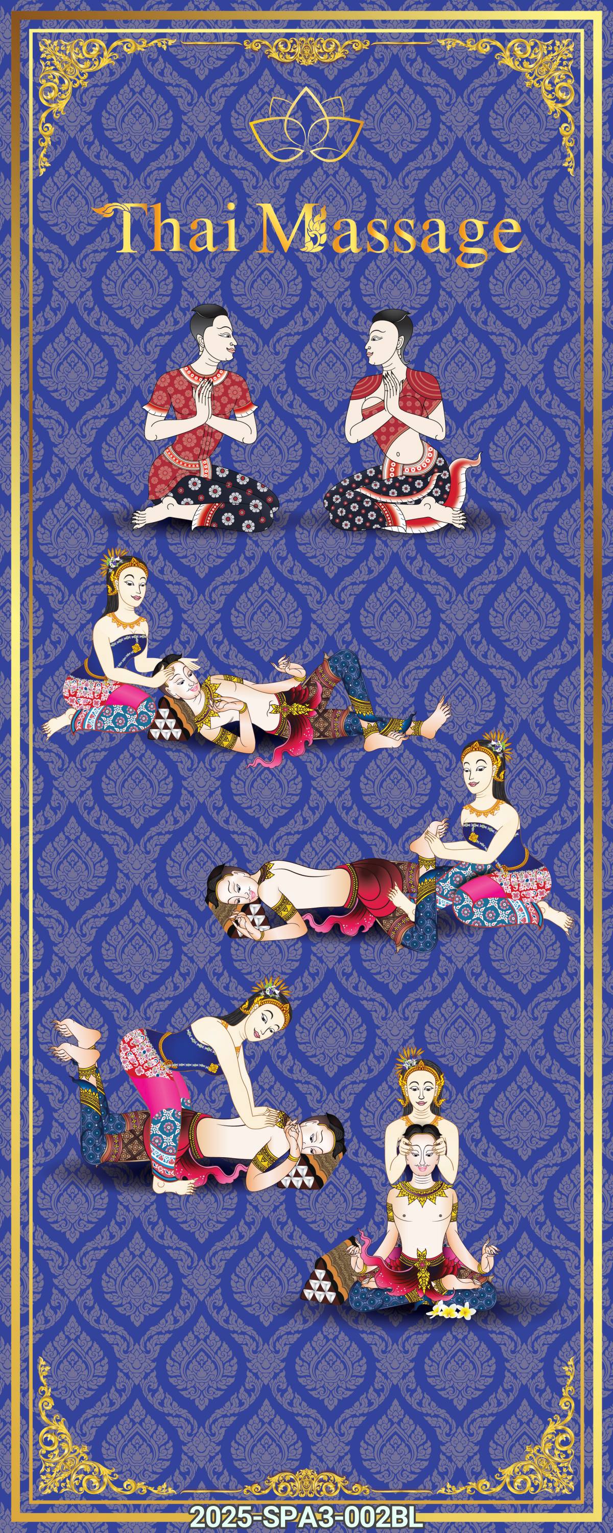 สติ๊กเกอร์กราฟฟิคคนนวดท่าต่างๆ พร้อมพื้นหลังลายไทย ตกแต่งประตู ร้านนวด -สปา แดง/น้ำเงิน/น้ำตาล/เขียว/สั่งทำได้ CS-2025-SPA3-002
