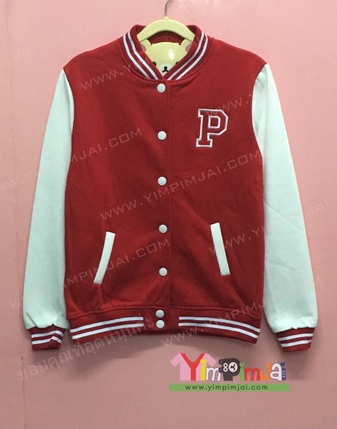 เสื้อกันหนาว เบสบอล สีแดง แขนยาวขาว กระดุมขาว มีกระเป๋า สกรีนตามสั่ง P