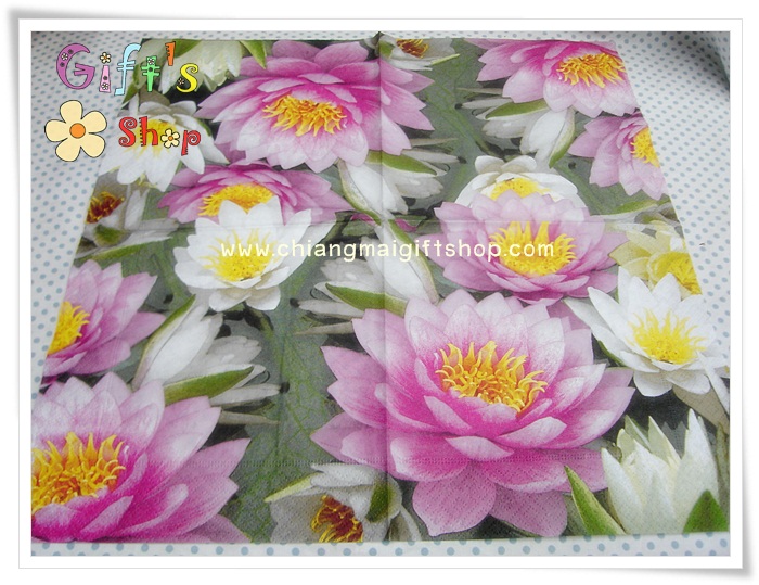 กระดาษแนปกิ้น ลายดอกบัวสีชมพู สีขาว