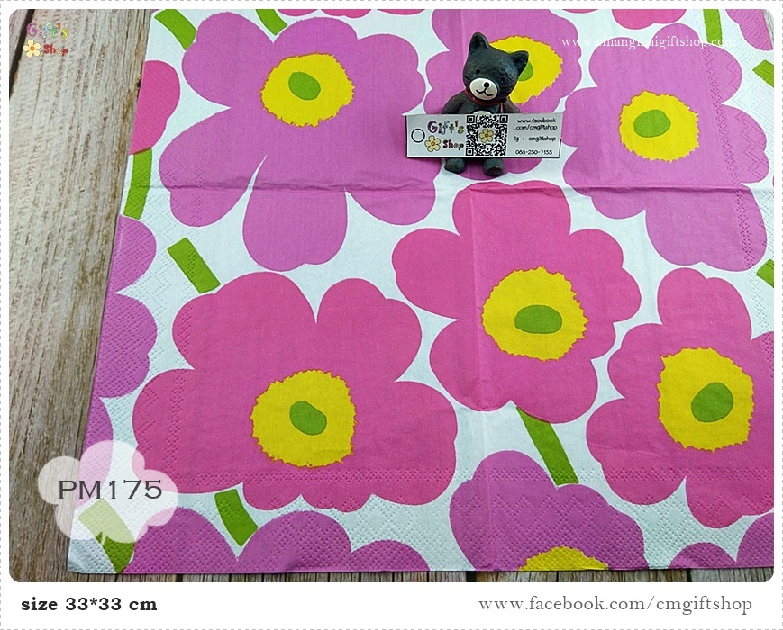 กระดาษแนปกิ้นยุโรป, ลายดอกไม้สีชมพูเกสรสีเหลืองเขียวก้านสีเขียว, ลาย UNIKKO light pink, ลายของ marimekko, marimekko, พื้นหลังสีขาว, ลายดอกไม้ใหญ่ๆ