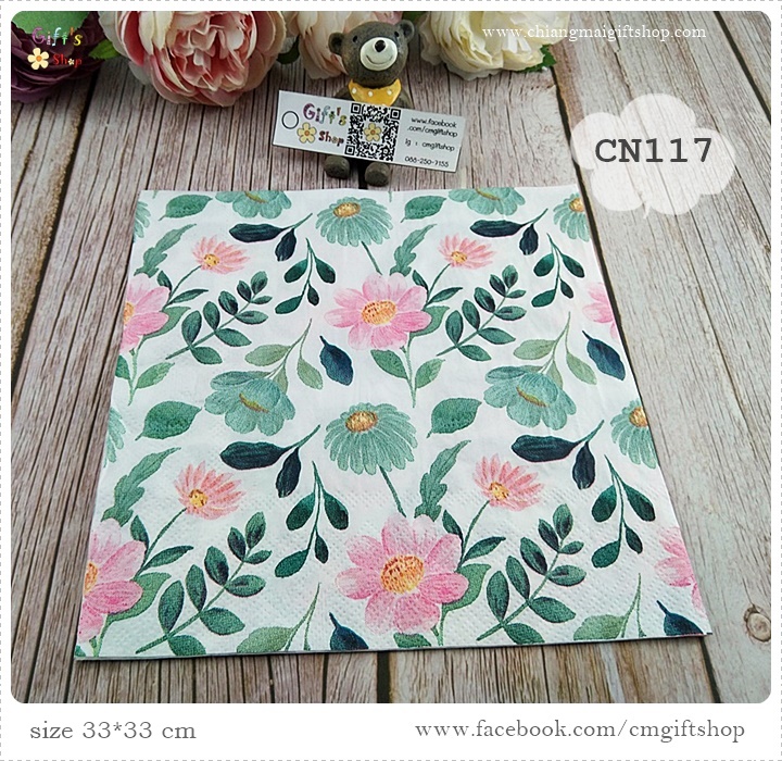 กระดาษแนปกิ้น, ลายดอกไม้สีชมพู, ลายดอกไม้สีเขียว, ลายใบไม้, ลายเต็มผืน, พื้นหลังสีขาว, ลายภาพวาดดอกไม้, ลายเล็กๆ