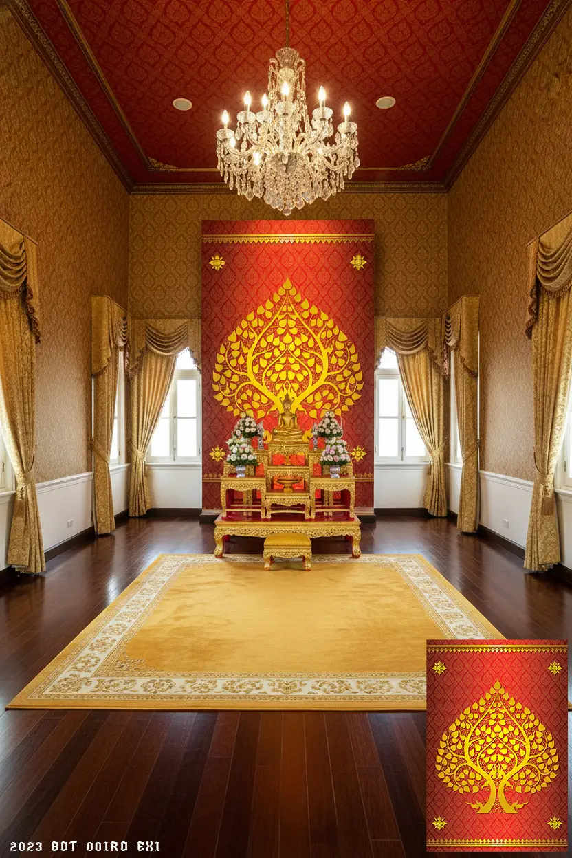 ภาพพิมพ์แคนวาส/สติ๊กเกอร์ภาพต้นโพธิ์ทอง เหมาะตกแต่งผนังห้องพระ,ร้านอาหารไทย,ร้านนวดสปาไทย สีทอง-แดง 2023-BDT-001EX1