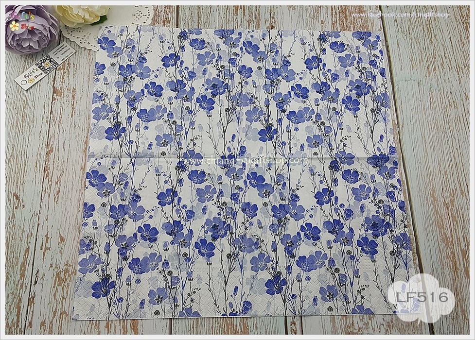 กระดาษแนปกิ้น ลายดอกไม้สีฟ้าน้ำเงินก้านสีดำ พื้นหลังสีขาว ลายคราม Flax plants, ลายโทนสีน้ำเงินขาว