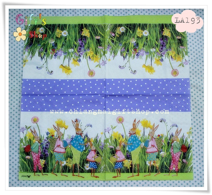 กระดาษแนปกิ้นยุโรป, ลายกระต่ายถือไข่อีสเตอร์, พื้นหลังสีขาว, ขอบสีม่วงจุดขาว, ลายไข่, ลายไข่อีสเตอร์, เทศกาลอีสเตอร์
