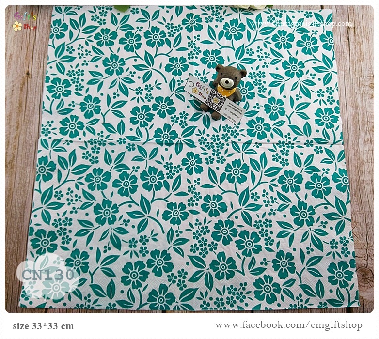 กระดาษแนปกิ้น, ลายดอกไม้สีเขียวอมฟ้า, ลายดอกไม้กับใบไม้, ลายดอกไม้แบบลายฉลุ, ลายดอกไม้เต็มผืน, ลายเต็มผืน, พื้นหลังสีขาว, ลายเล็กๆ