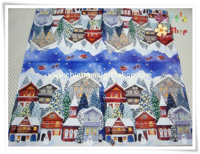 กระดาษแนปกิ้น ลายหมู่บ้านชานเมือง ในคืนวันคริสต์มาส ซานตาครอส ลากเลื่อน กวางเรนเดียร์