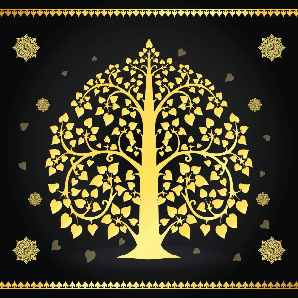 วอลเปเปอร์ติดผนังภาพต้นโพธิ์ทอง สีแดง/น้ำเงิน/ดำ/น้ำตาล/เขียว/ทอง/ขาว CS-2022-BDT-005