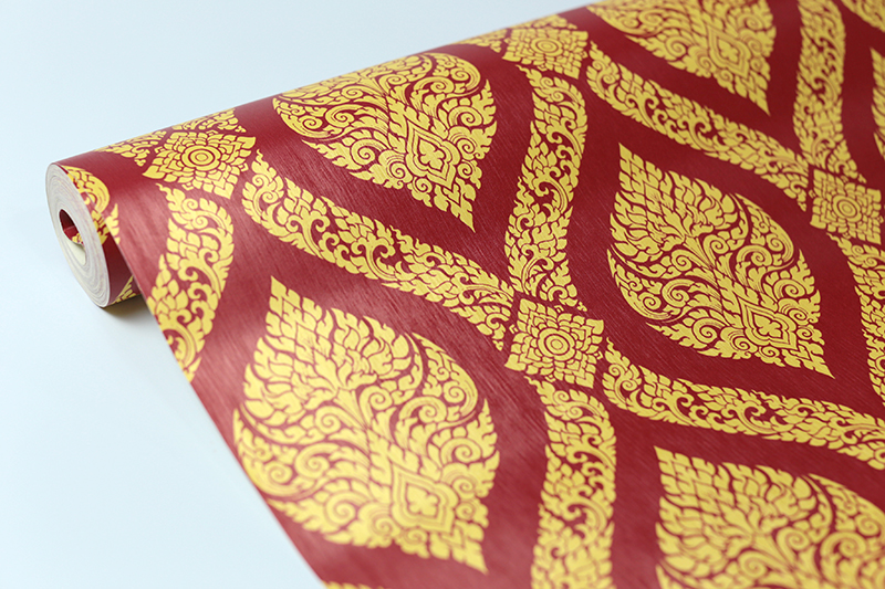 วอลเปเปอร์ลายไทย ลายพุ่มข้าวบิณฑ์ แดง - ทอง JPS501