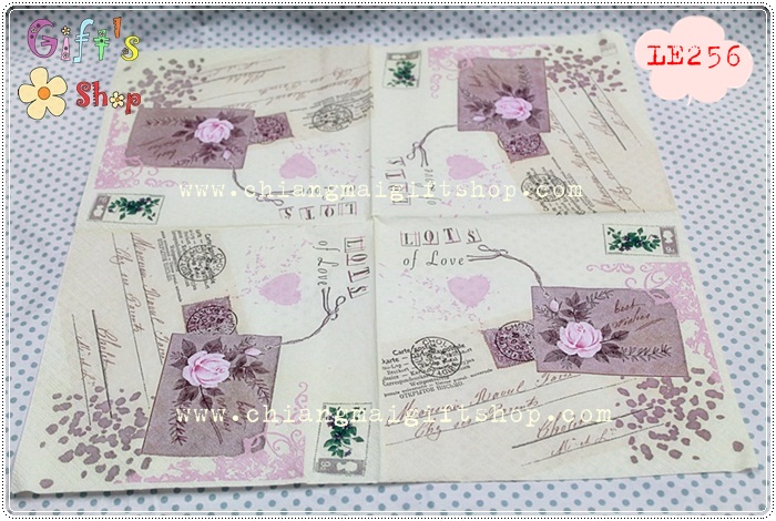 กระดาษแนปกิ้น ลายจดหมายดอกกุหลาบสีชมพู พื้นหลังสีเหลืองอ่อน