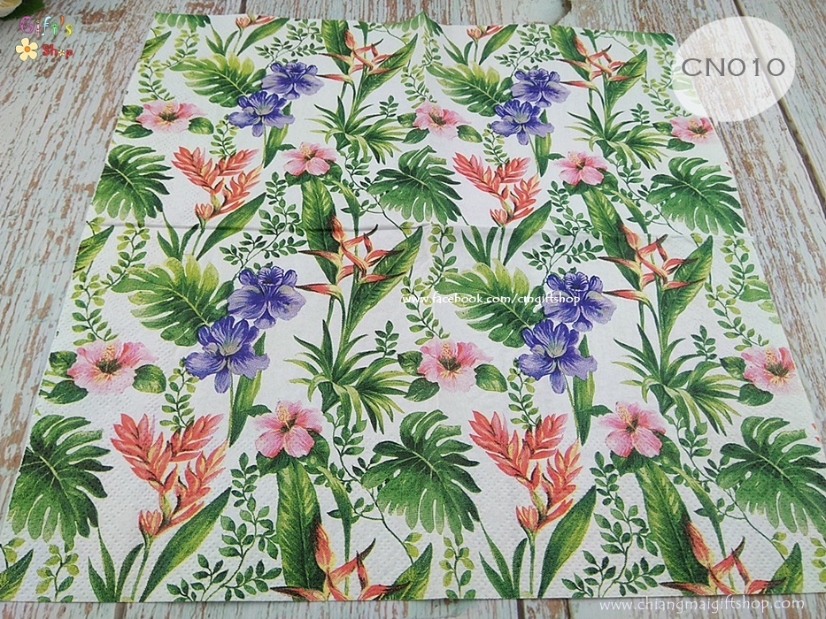 กระดาษแนปกิ้น 25*25 ซม. ลายดอกไม้ในป่าทรอปิคอล ลายดอกชบา ลายดอกไม้สีชมพู ลายดอกไม้สีม่วง ลายดอกไม้สีส้ม ลายใบมอนสเตอร่า พื้นหลังสีขาว