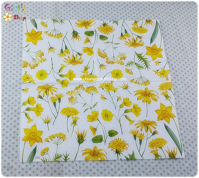 กระดาษแนปกิ้น ลายดอกไม้เล็กๆ ลายดอกไม้สีเหลือง ลายดอกไม้สีเหลืองหลายชนิด พื้นหลังสีขาว RICA