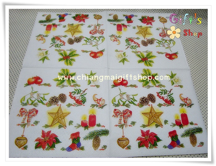 กระดาษแนปกิ้น ลายวันคริสต์มาส ดาว กระดิ่ง ต้นสน มิสเซิลโท