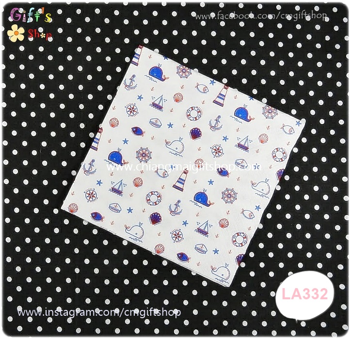กระดาษแนปกิ้น ลายปลาวาฬสีขาว สีน้ำเงิน ประภาคาร เรือใบ ลายเล็กๆ พื้นหลังสีขาว NAUTICAL PATTERN