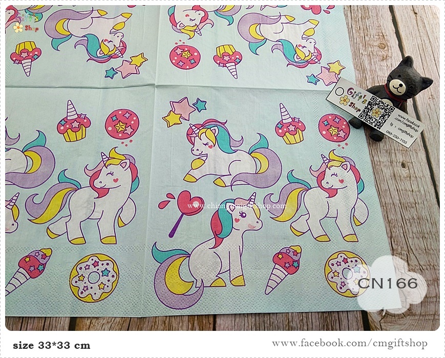 กระดาษแนปกิ้น, ลายยูนิคอร์น, ลายการ์ตูน, ลายยูนิคอร์นหลายตัว, พื้นหลังสีฟ้าอ่อน, ลายม้า, ลายม้ายูนิคอร์น, ลายเล็กๆ