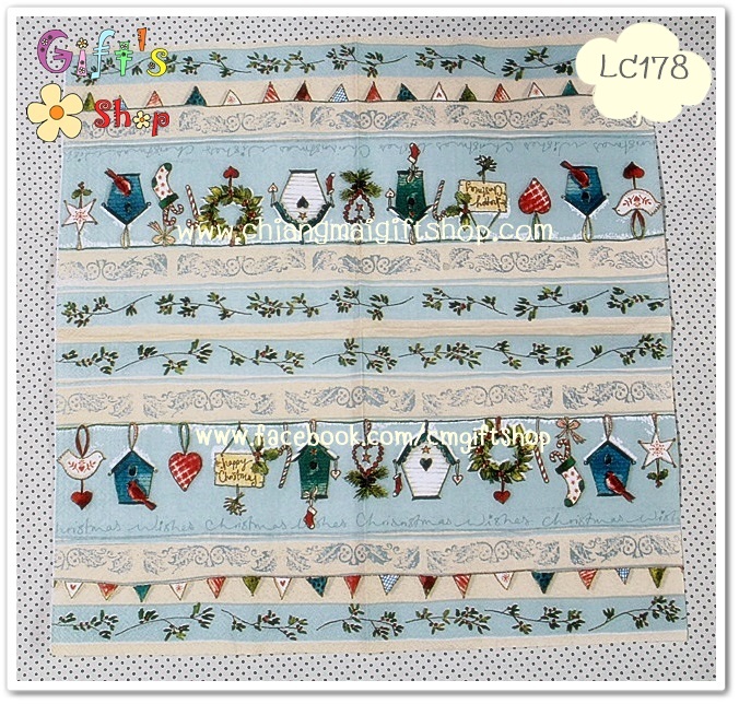 กระดาษแนปกิ้น ลายบ้านนก พวงมิสเซิลโท พื้นหลังสีฟ้าเทา