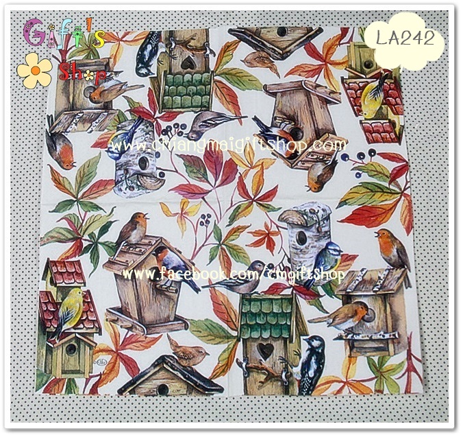 กระดาษแนปกิ้น ลายบ้านนก หลากแบบ พื้นหลังสีขาว ใบไม้