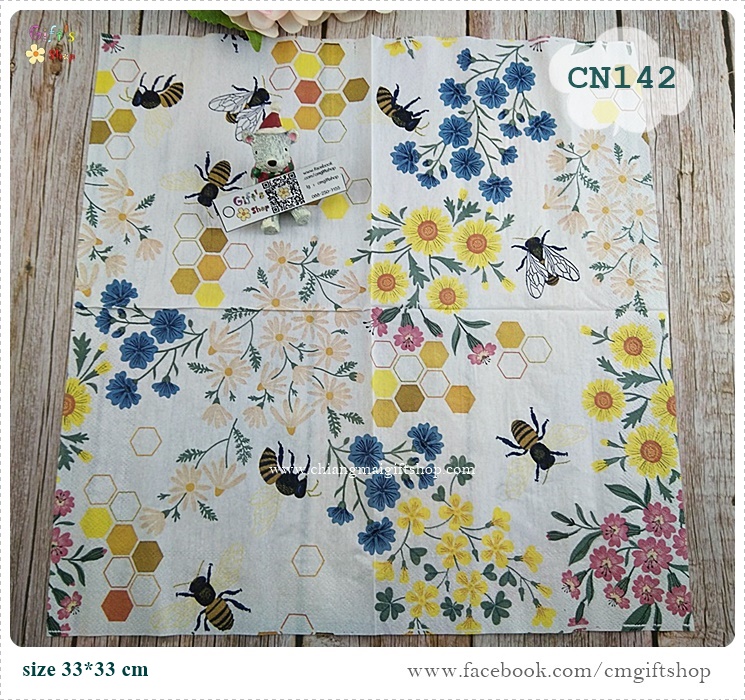 กระดาษแนปกิ้น, ลายดอกไม้กับผึ้ง, ลายผึ้ง, ลายดอกไม้สีเหลือง,ลายดอกไม้สีชมพู, ลายดอกไม้สีฟ้า, ลายดอกไม้หลายแบบ, ลายดอกไม้เล็กๆ, ลายดอกไม้เล็กๆ, ลายเต็มผืน, พื้นหลังสีขาว, พื้นหลังสีอ่อน, ลายช่อดอกไม้,