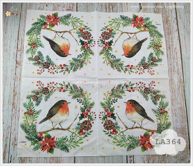 กระดาษแนปกิ้น ลายนก, ลายHey Robin, ลายนกเกาะกิ่งไม้, ลายนกในวงเบอร์รี่, ลายนกกับดอกคริสต์มาส, ลายฤดูหนาว, พื้นหลังสีขาว
