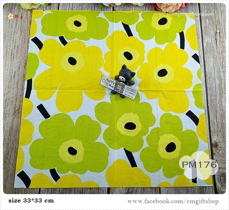 กระดาษแนปกิ้นยุโรป, ลายดอกไม้สีเขียวอ่อนเกสรสีเหลืองดำก้านสีดำ, ลาย UNIKKO yellow, ลายของ marimekko, marimekko, พื้นหลังสีขาว, ลายดอกไม้ใหญ่ๆ