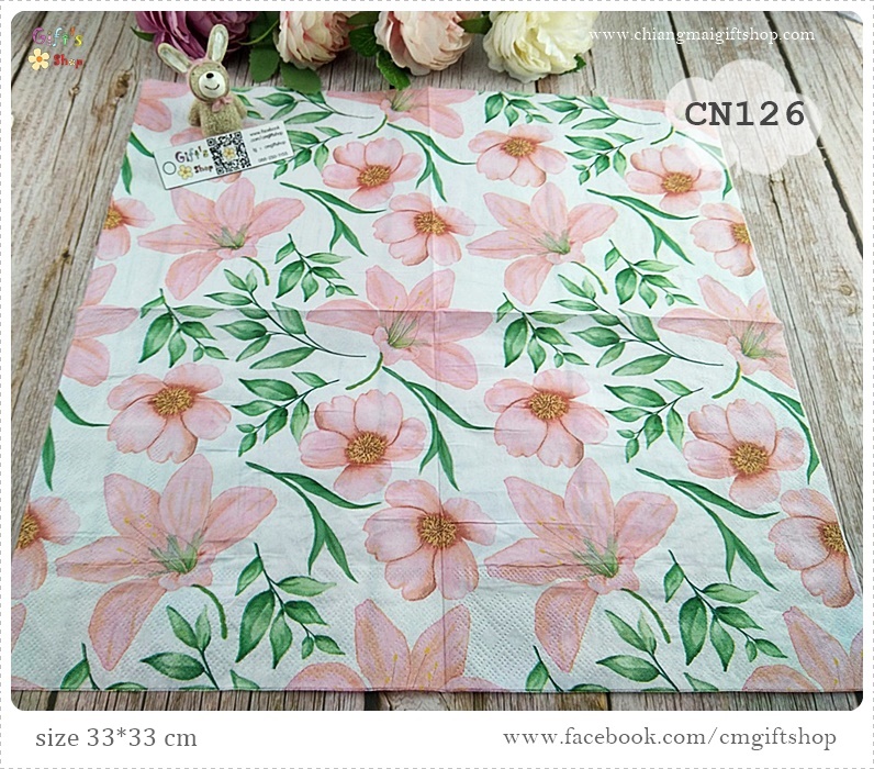 กระดาษแนปกิ้น, ลายดอกไม้ดอกใหญ่สีโอลด์โรส, ลายดอกไม้สีส้ม, ลายดอกไม้ใหญ่ๆ, ลายเต็มผืน, ลายดอกไม้, พื้นหลังสีขาว, ลายใบไม้