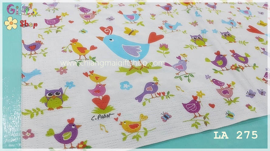 กระดาษแนปกิ้น ลายนก ไก่ นกฮูก ผีเสื้อ ดอกไม้ พื้นหลังสีขาว