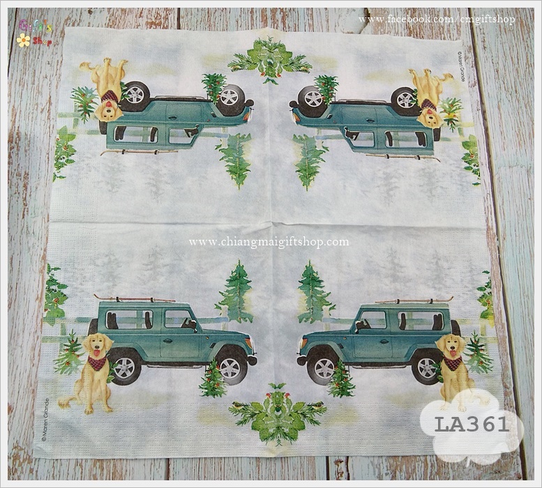 กระดาษแนปกิ้น ลายรถจี๊ป, ลายน้องหมา, ลายน้องหมากับรถจี๊ป, ลาย Holiday Jeep, ลายรถสีฟ้า, พื้นหลังสีอ่อน
