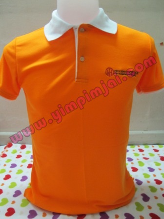 เสื้อโปโลสีส้ม ปกขาว แลบขาว ปักโลโก้บริษัท