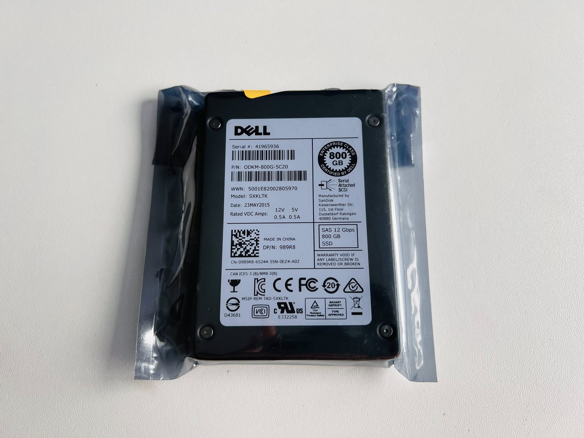 HDD SAS SSD 800GB 12Gbps 989R8 SXKLTK ฮาร์ดดิสเซิร์ฟเวอร์เดลมือสองพร้อมใช้งาน