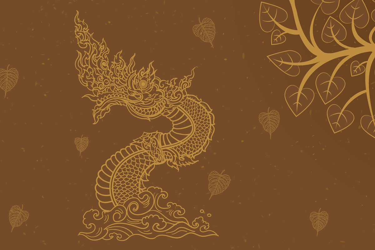 วอลเปเปอร์ภาพพิมพ์ ต้นโพธิ์-เทวดา-พญานาค ดีไซน์ใหม่ล่าสุด สีน้ำตาล CV-BDT2025BW