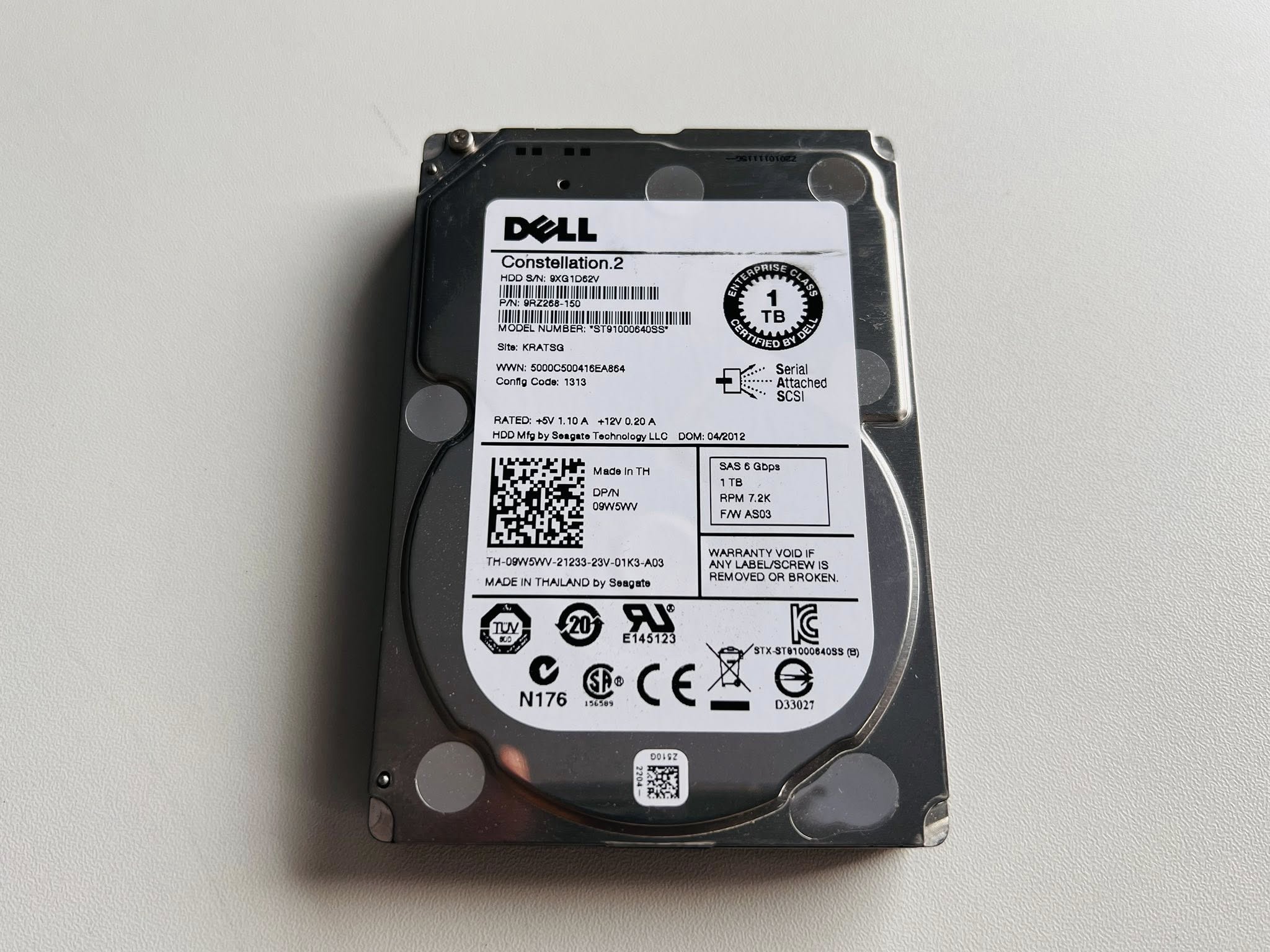 hdd dell sas 1TB 7200rpm 09W5WV 9RZ268 ฮาร์ดดิสเซิร์ฟเวอร์เดลมือสองพร้อมใช้งาน