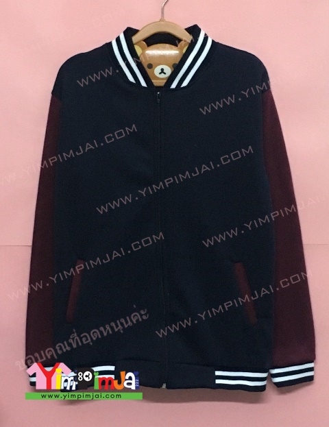 เสื้อแจ็คเก็ตเบสบอลกรมแขนเลือดหมู ซิปกรม