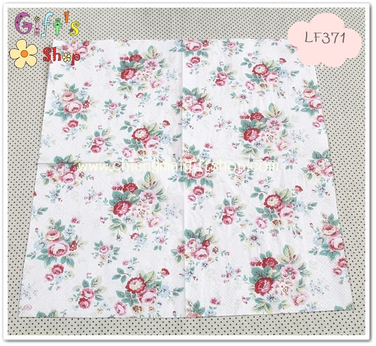 กระดาษแนปกิ้น ลายดอกไม้ดอกกุหลาบสีชมพู ฟ้า พื้นหลังสีขาวครีม