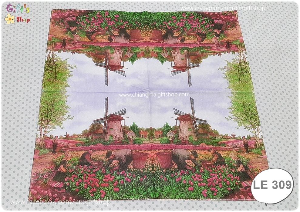 กระดาษแนปกิ้น ลายเกษตรกร ในทุ่งดอกทิวลิปสีแดง กังหันลม เนเธอร์แลนด์