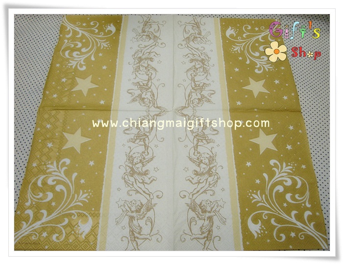 กระดาษแนปกิ้น ลายเทวดาบนพื้นหลังสีขาว ดาวบนพื้นหลังสีทอง