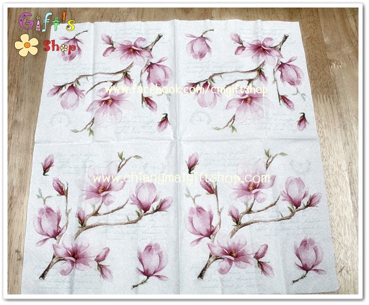 กระดาษแนปกิ้น ลายดอกไม้สีชมพู พื้นหลังสีขาว