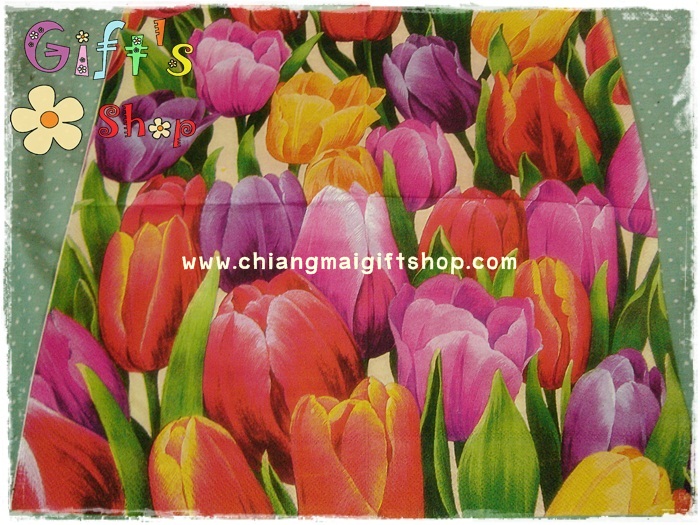 กระดาษแนปกิ้นยุโรป, ลายดอกทิวลิปเต็มผืน, ลายดอกทิวลิป, ลายดอกทิวลิปสีแดง, ลายดอกทิวลิปสีม่วง, ลายดอกทิวลิปสีเหลือง, พื้นหลังสีอ่อน, ลายเต็มผืน, ลายTulips time