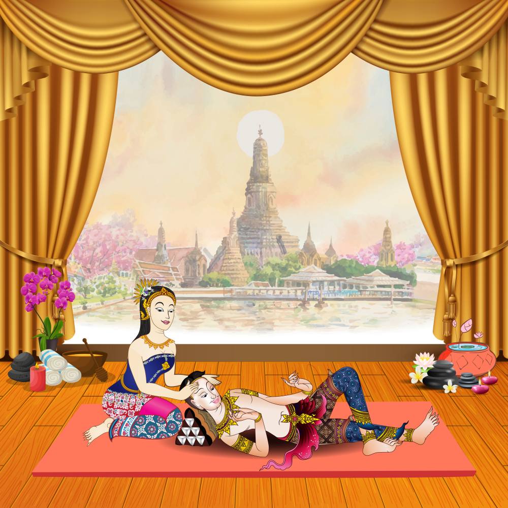 สติ๊กเกอร์ตกแต่งผนัง กระจก ร้านสปาไทย ร้านนวดไทย (ST-SPA5) ภาพคนนวด-ฉากหลังวัดอรุณ ST-SPA5