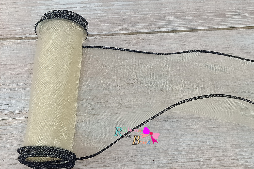 ริบบิ้นผ้าเย็บขอบสีดำ ผ้าไหมแก้ว ขนาด 10 ซม. (ขายเป็นหลา)